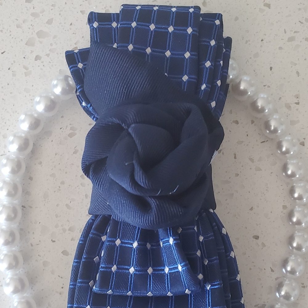 Navy Blue Floral Neck Tie Necklace with Geometric Pattern